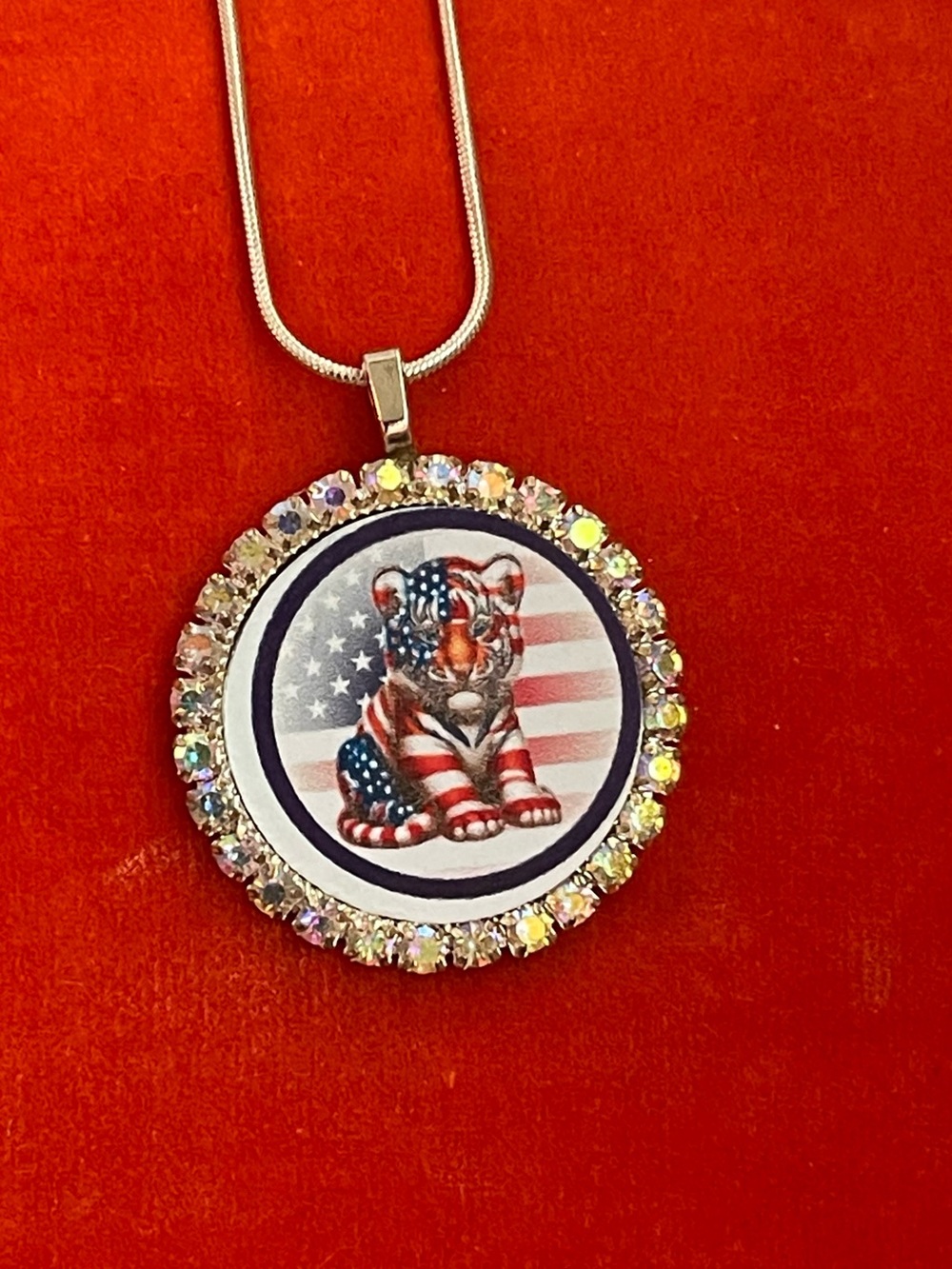 Patriotic Tiger Cub Crystal Pendant Necklace - Red, White & Blue